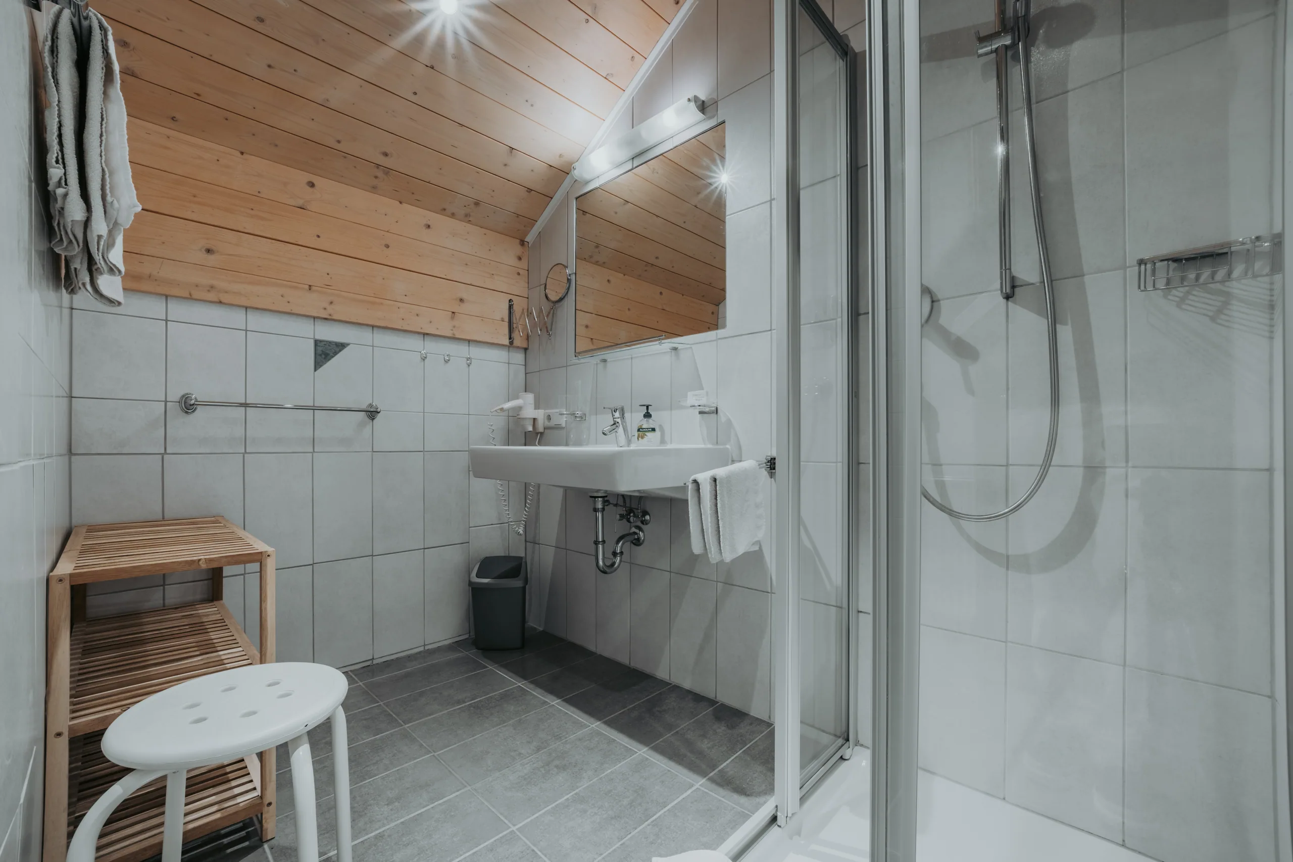 Badezimmer mit Dusche und Waschbecken in Wohnung 3